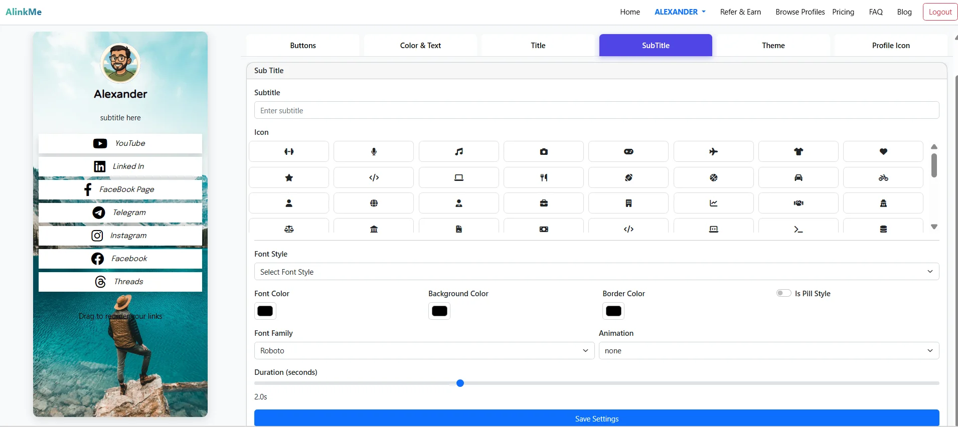 How to Customize Subtitle Section on AlinkMe Profile (Icons, Colors & Style Guide)
