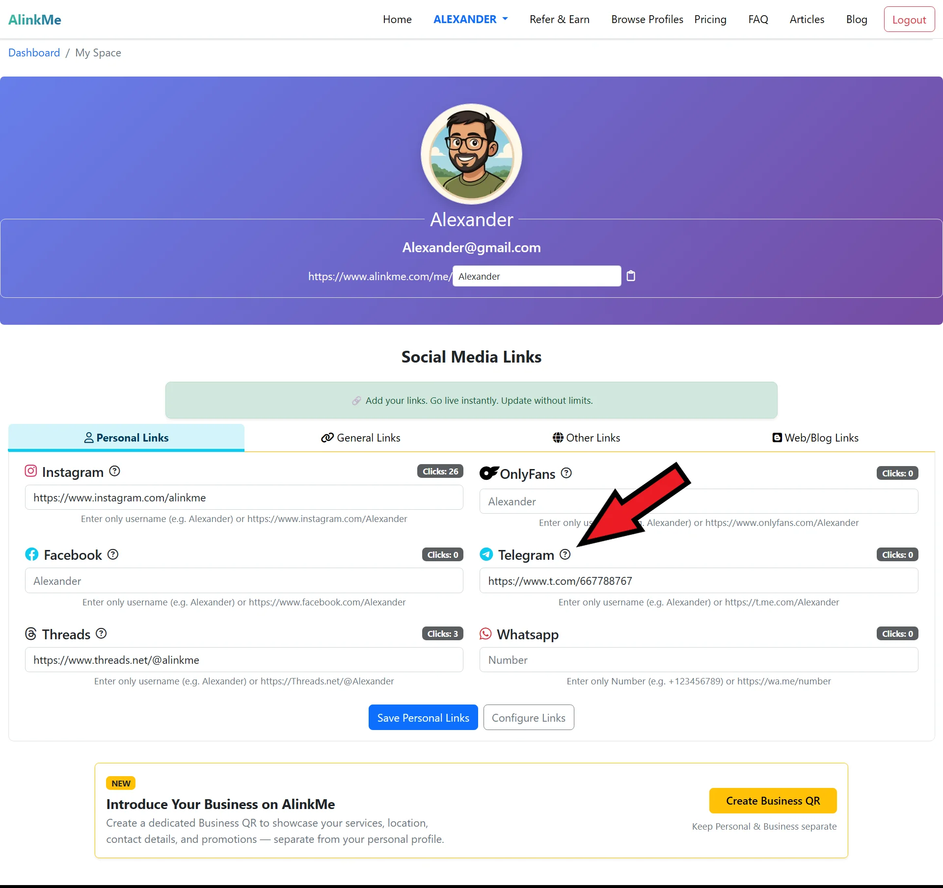 Add Telegram Profile Link on AlinkMe | MySpace Personal Link