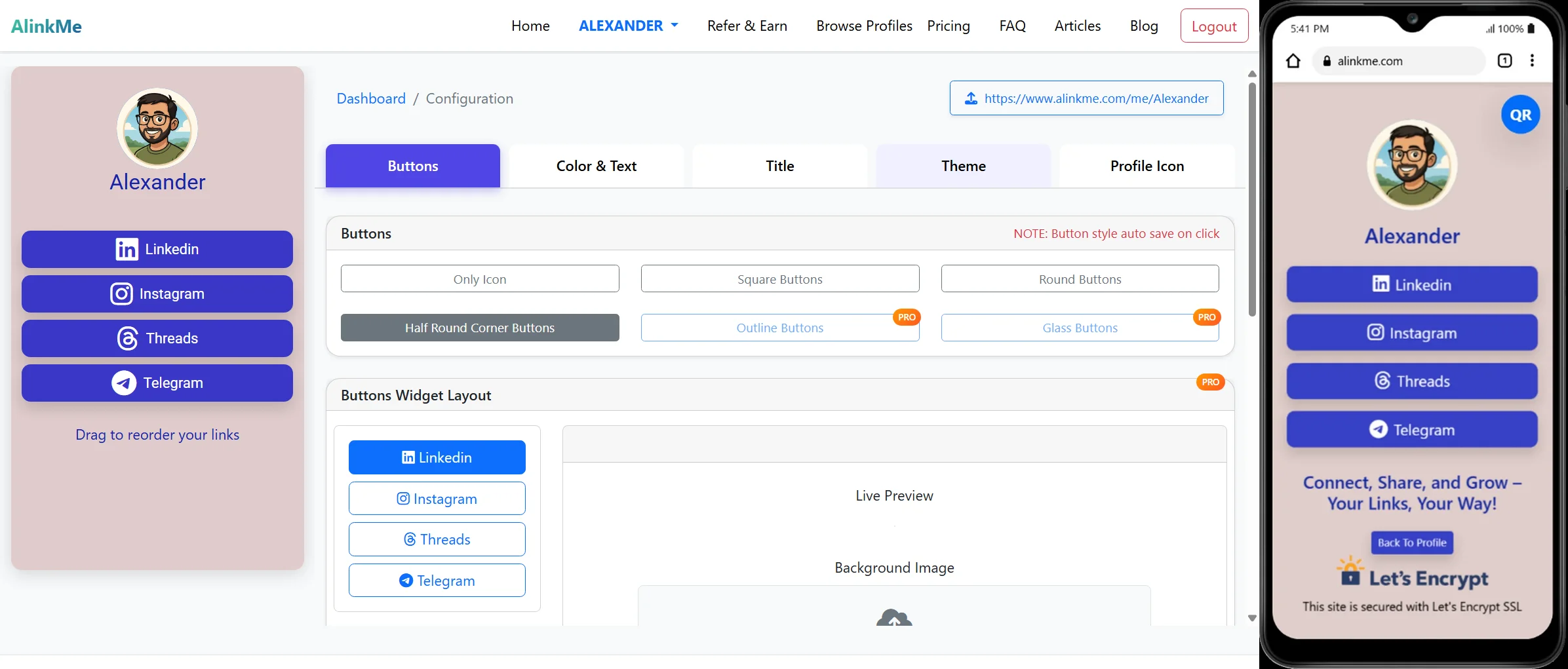 Configure AlinkMe Profile | Button Styles, Colors & Theme