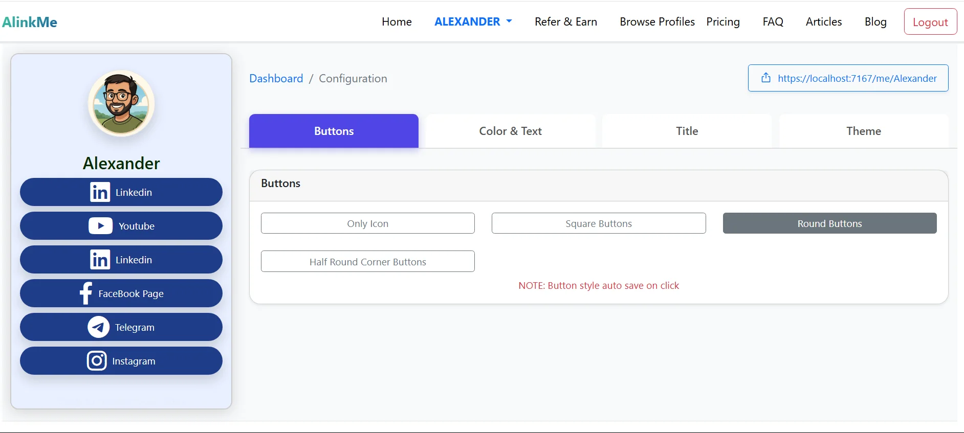 Configure Profile Page Style AlinkMe Buttons, Colors & Theme