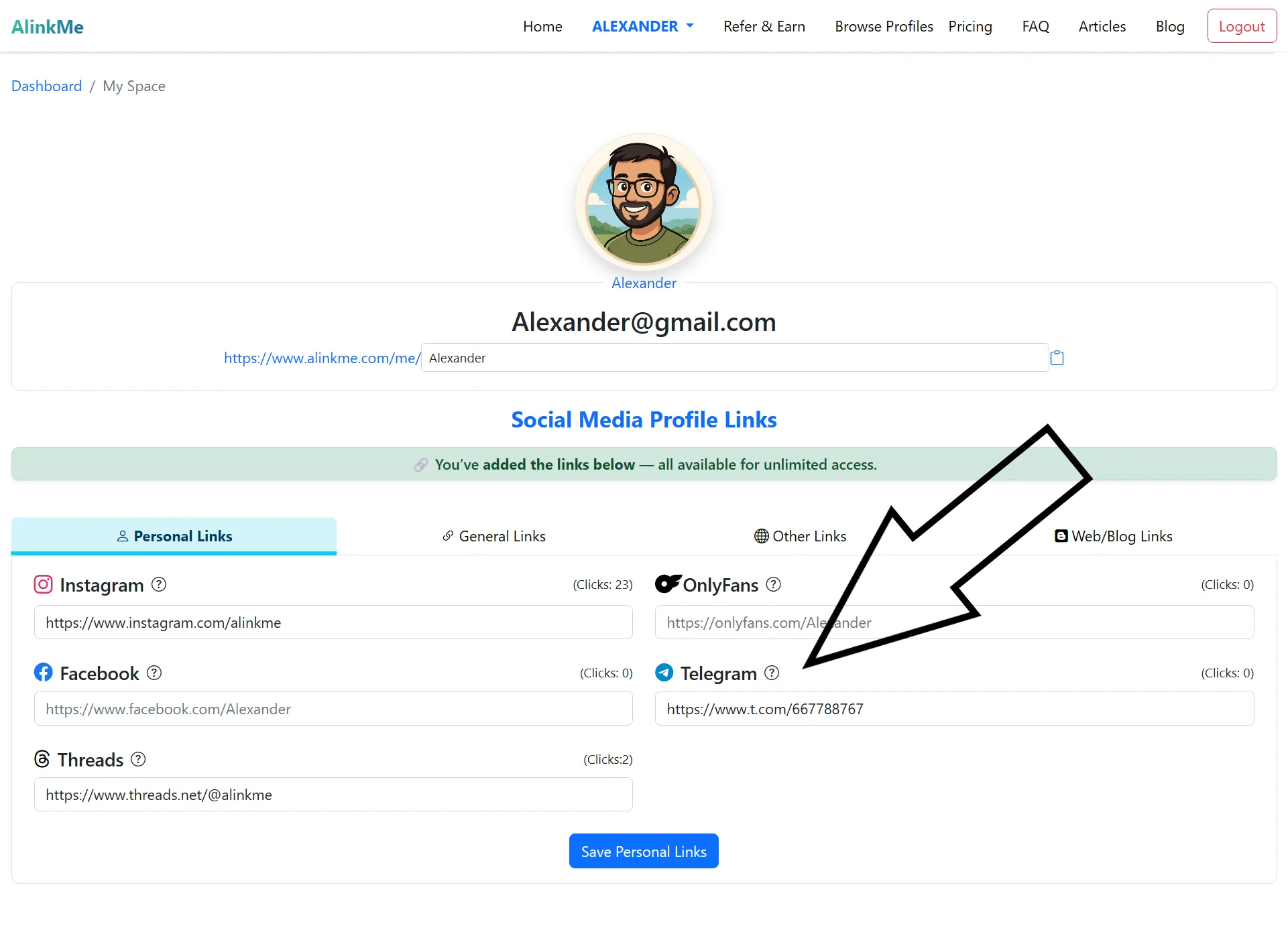 How to Add Telegram Profile Link on AlinkMe
