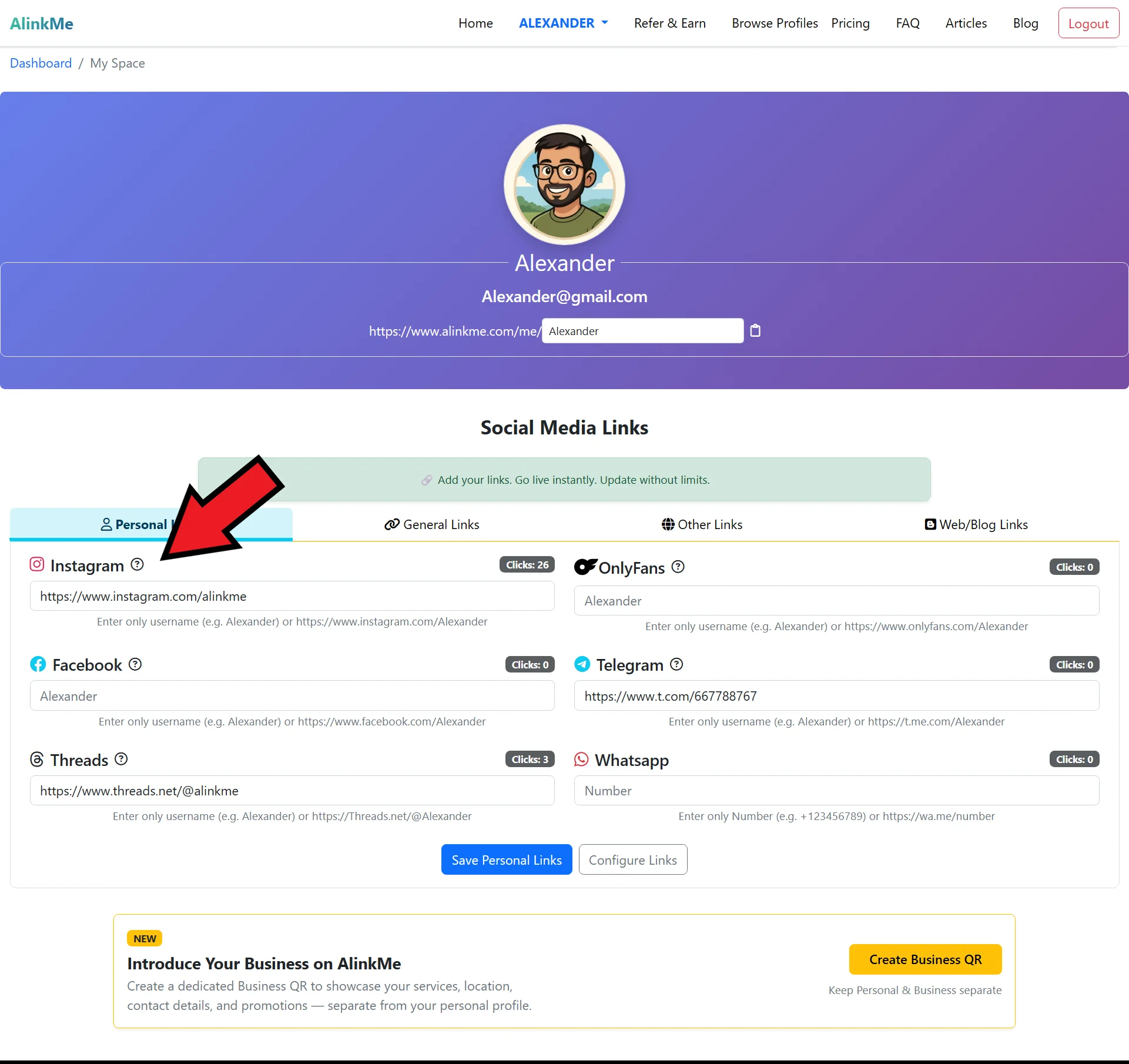 Login to AlinkMe & Add Instagram Link in MySpace | AlinkMe G
