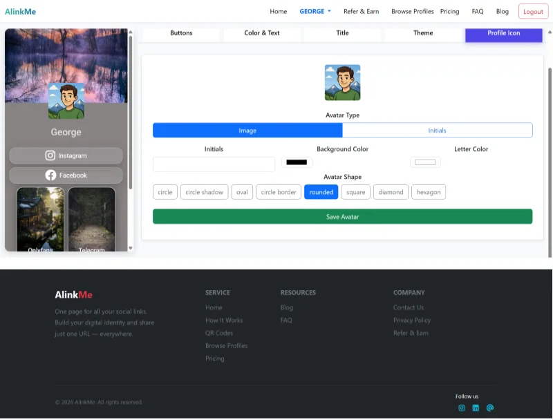 AlinkMe Avatar Settings | Customize Profile Image, Initials 