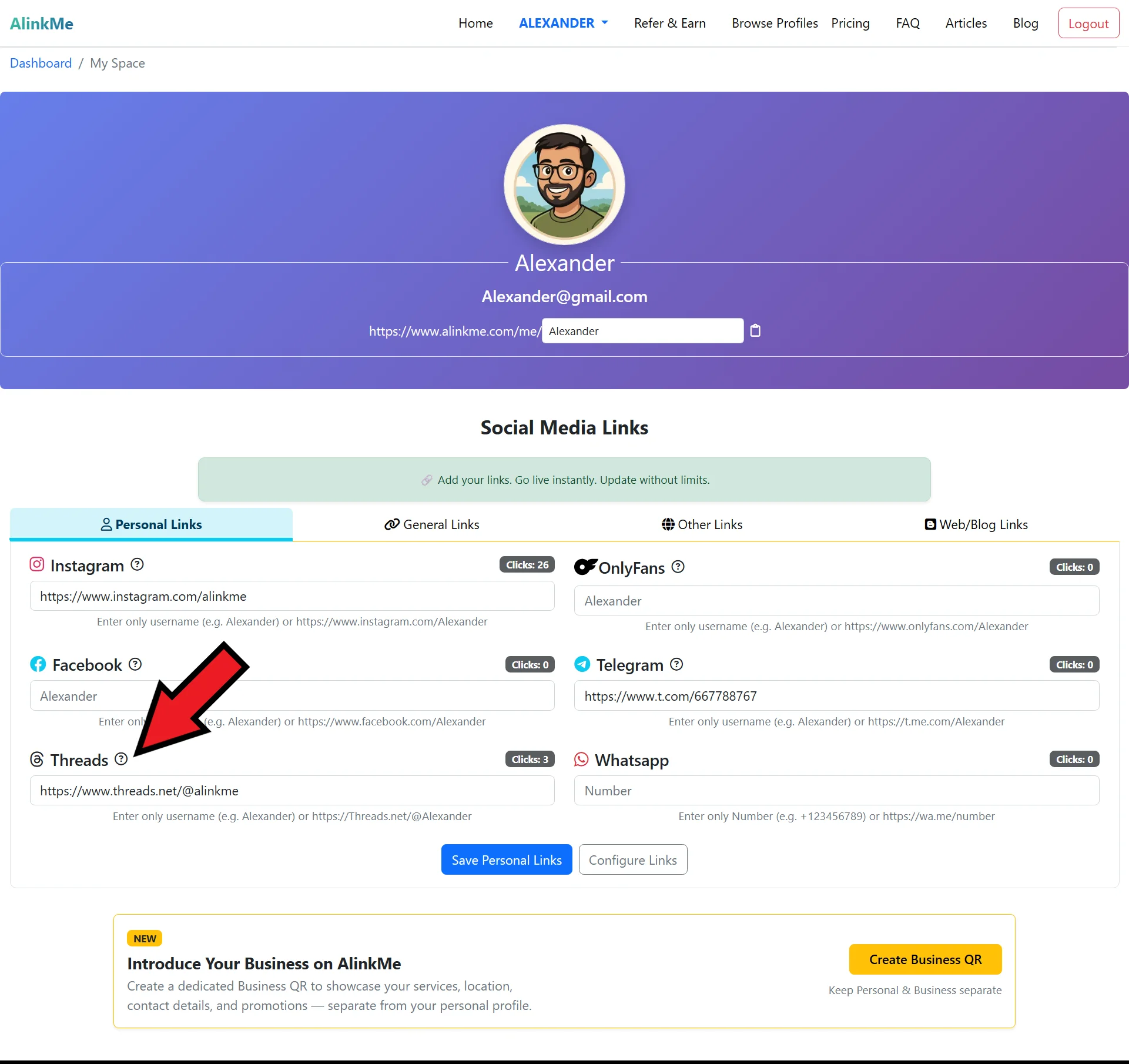 Add Threads Profile Link on AlinkMe | MySpace Personal Links