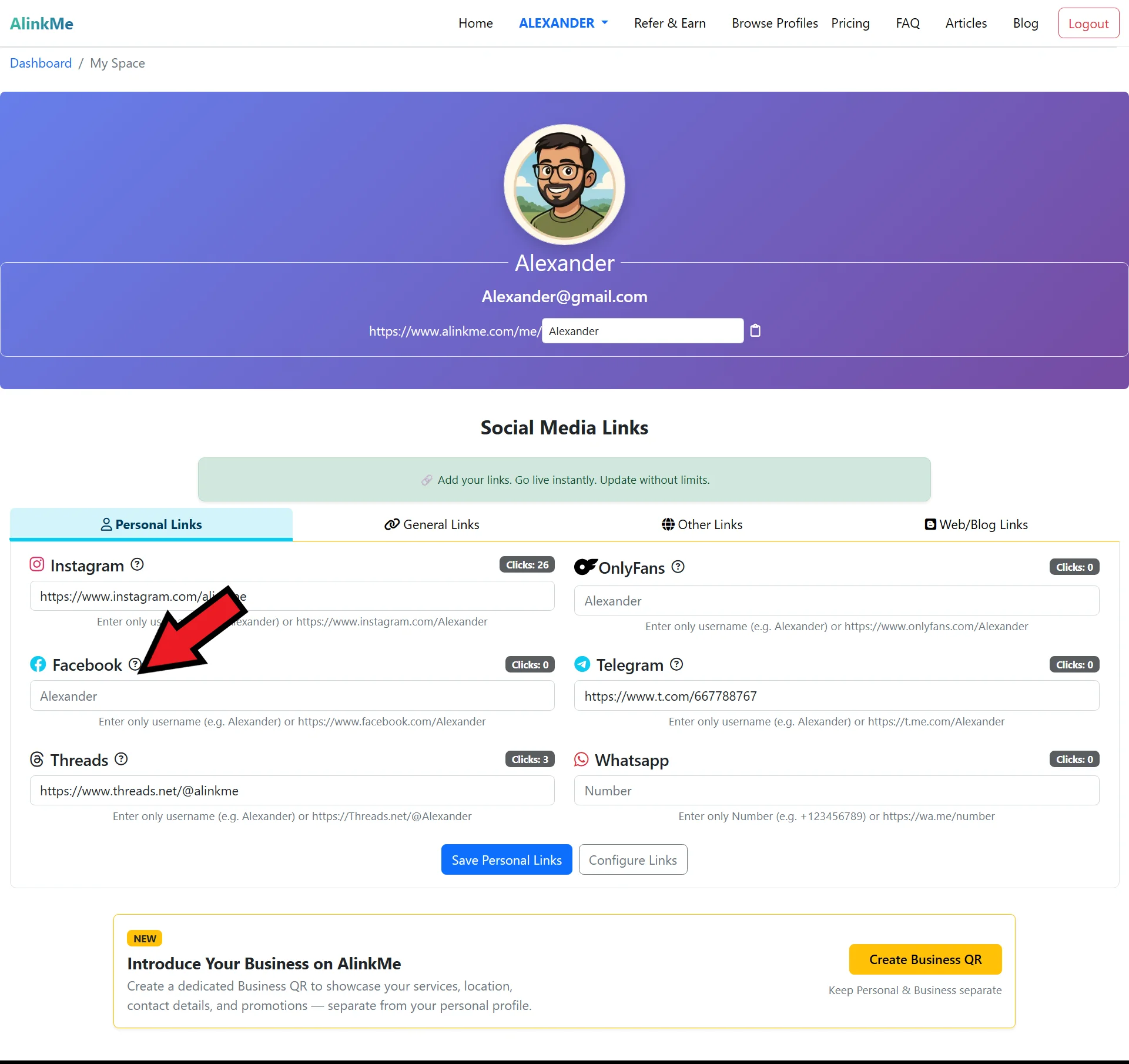 Add Facebook Profile Link on AlinkMe | MySpace Personal Link