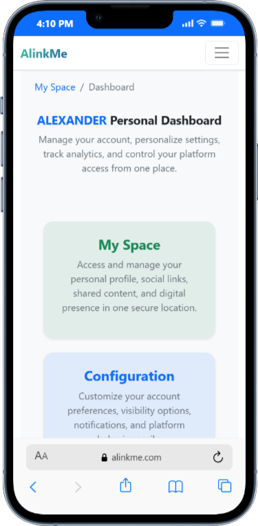 AlinkMe user dashboard to manage social media links and profile settings