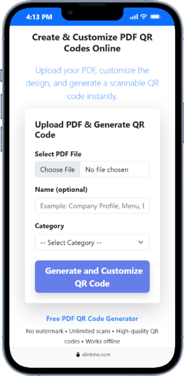 AlinkMe QR code generator to create custom QR codes for links and PDF files