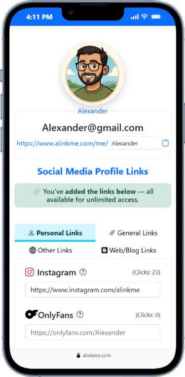 AlinkMe personal space to customize and manage your link in bio profile