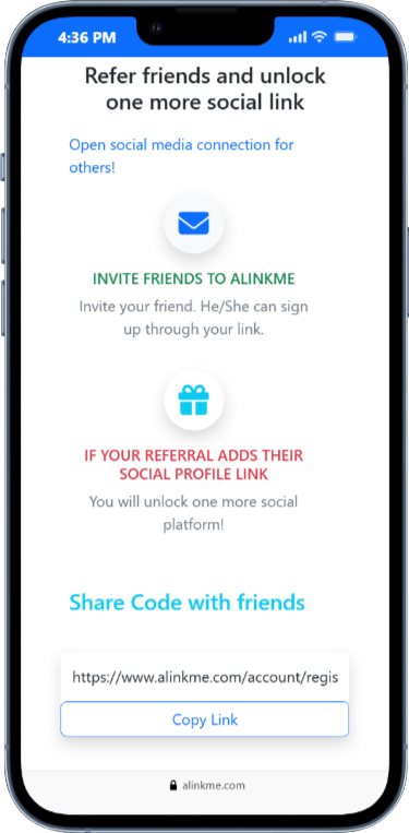 AlinkMe referral program page to invite users and earn rewards