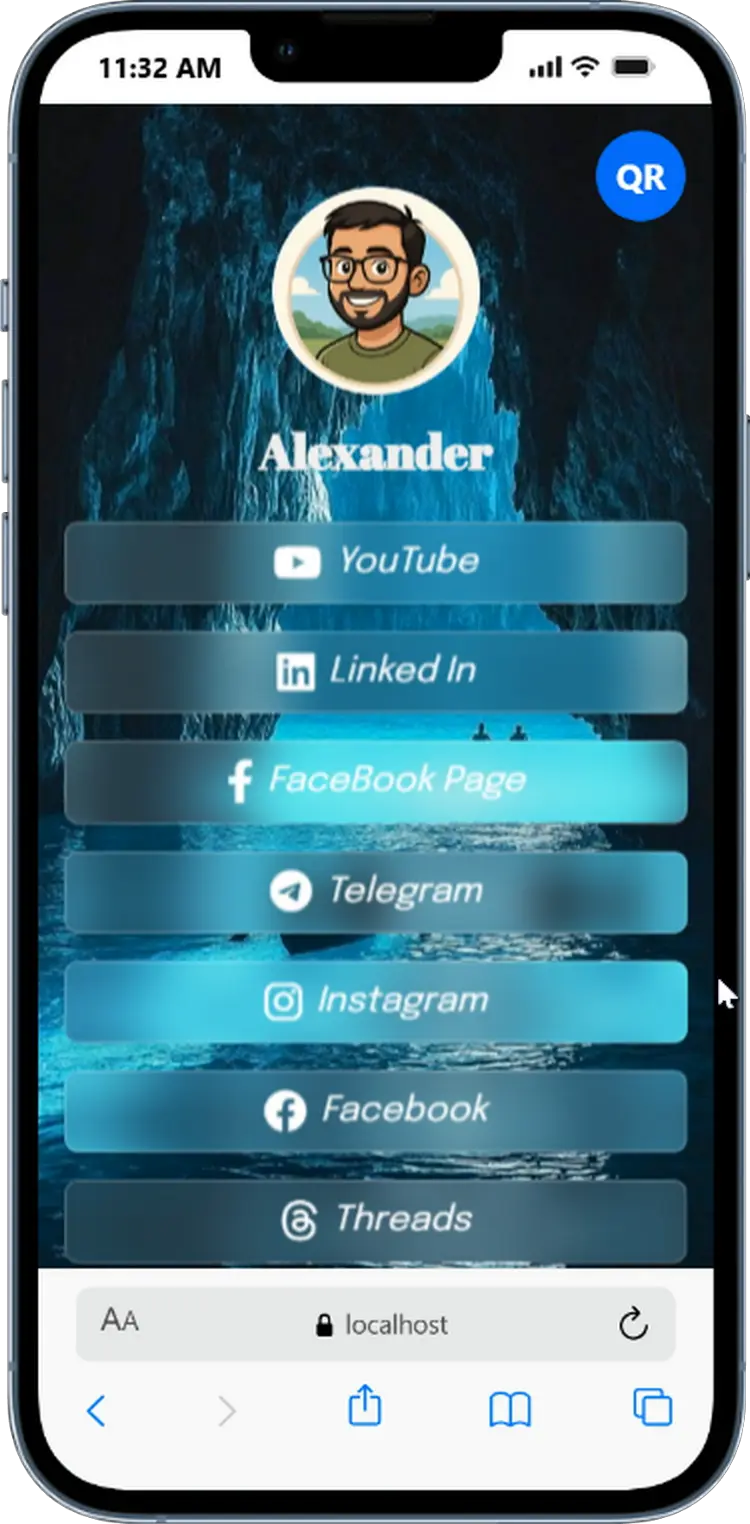 AlinkMe glass button theme customization for bio link profile page